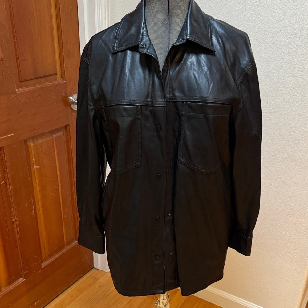 Black Leather Button-Up Jacket - image 1